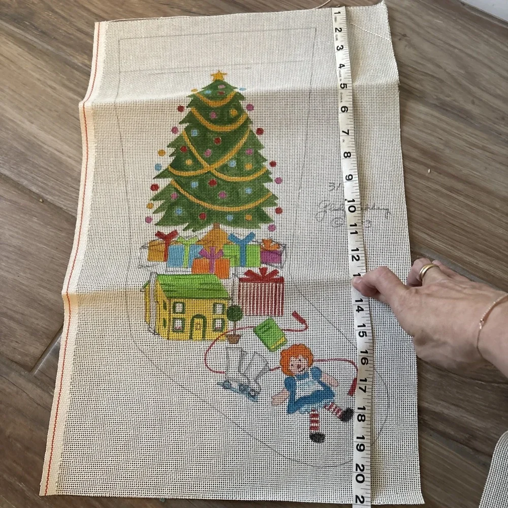 Vintage needlepoint canvas handpainted Christmas Tree & Presents Stocking New